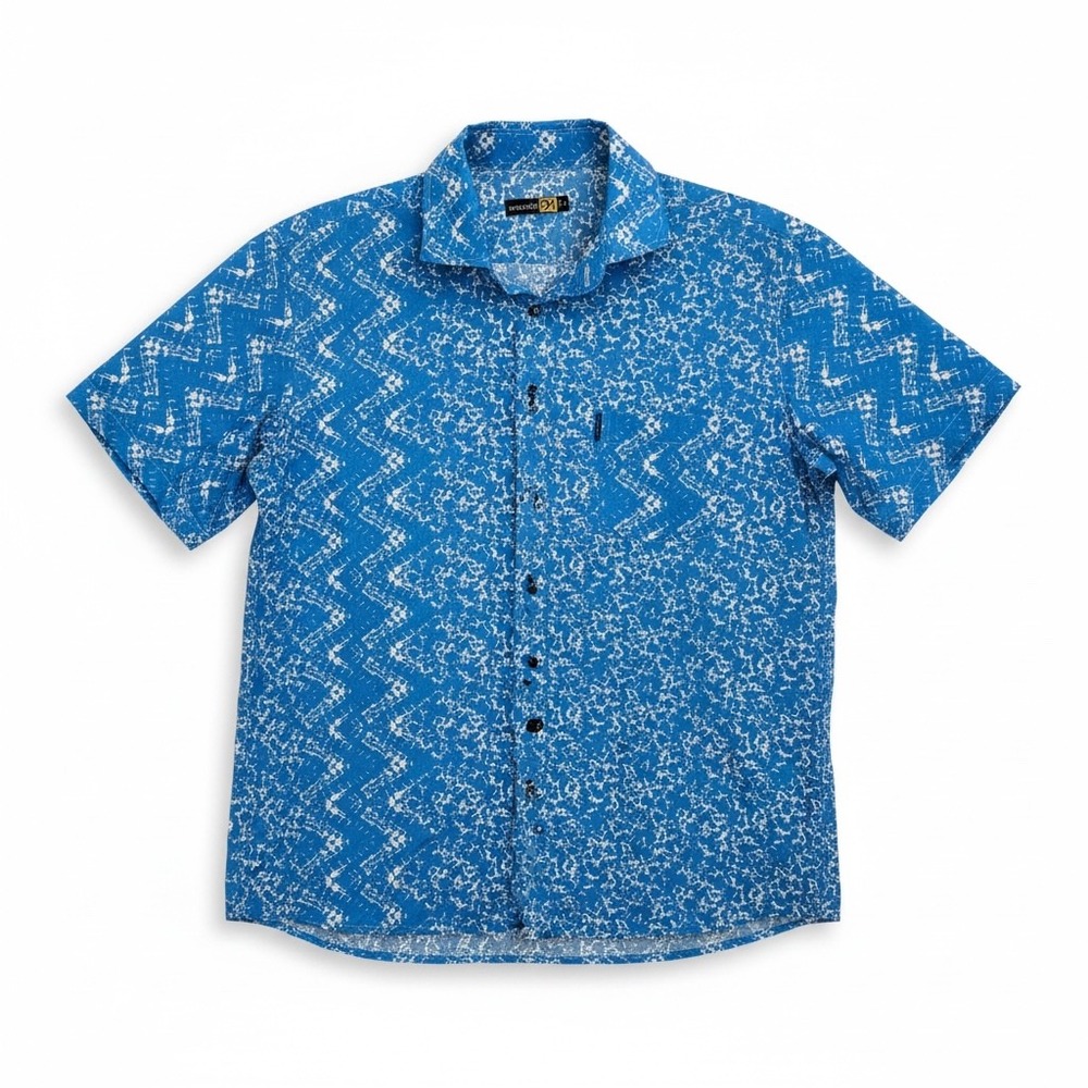 Woodin Mens Blue White Abstract Batik Print Cotton Short Sleeve Button Down L